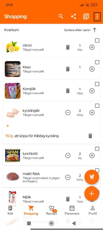 Shopping List page